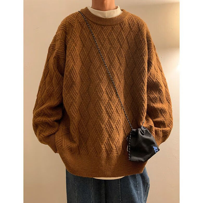 jeep/吉普针织衫男毛衣男棕色粗线菱格毛衣慵懒风套头针织衫男春秋款