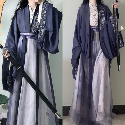 牧兽南阁魏晋南北朝褶衣交领齐腰男女款情侣装汉服古风 深蓝紫色褶衣