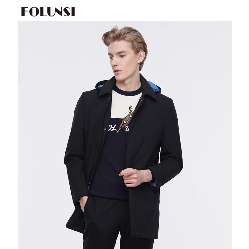 佛伦斯(folunsi)新款时尚男装秋冬连帽保暖可拆卸休闲拉链纯色棉衣