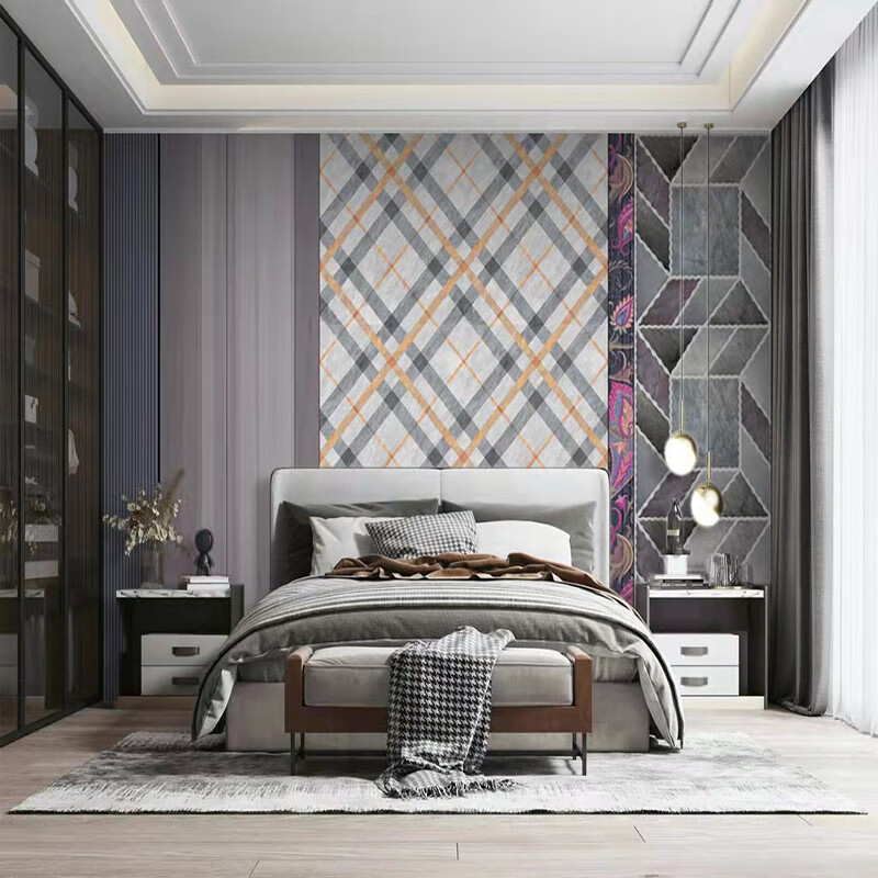 现代轻奢护墙板艺术壁纸客厅电视背景墙墙纸美式手绘暗花拼色墙布