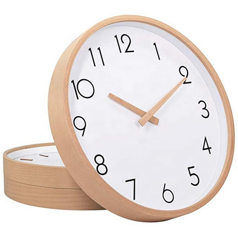 电商跨境实木静音扫描简约设计文艺时钟北欧木质钟表木头挂钟 12英英寸白色内边框木纹钟