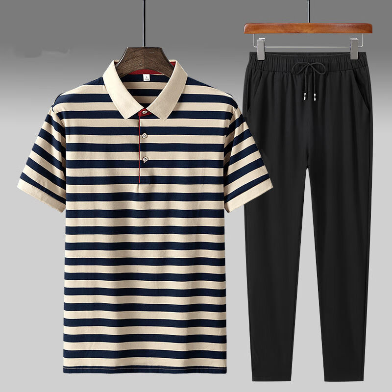 boku rooster40岁男人穿搭夏季中老年爸爸运动套装夏装条纹polo衫男