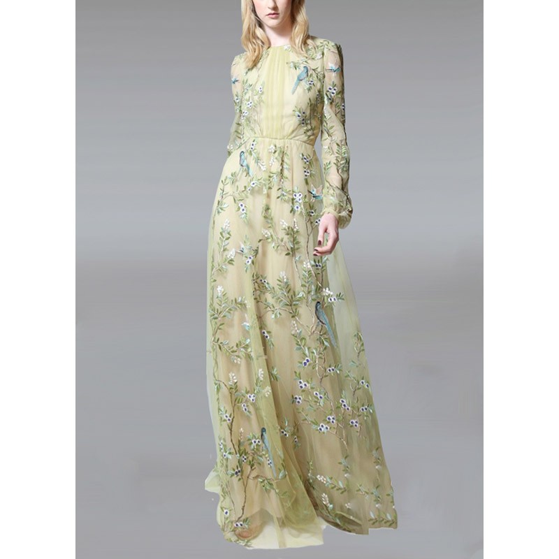 原创设计师女装女巫和骑优雅森系气质超仙重工绣花连衣裙2022春新款裙子 绿色 M