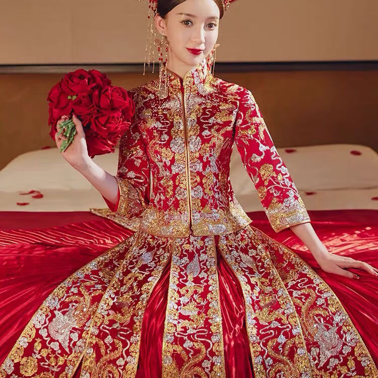 vfkz龙凤褂新娘秀禾服2024小个子显瘦结婚服中式古装礼服中国风无开衩