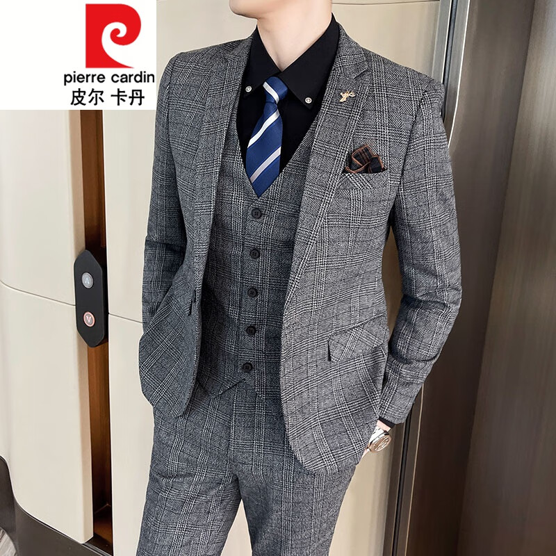 皮爾卡丹（pierre cardin）西服套裝男修身休閑商務(wù)正裝新郎結(jié)婚禮服感格子西裝外套潮流 2017灰色格 {西服＋馬甲＋西褲} 3XL (150-160斤)