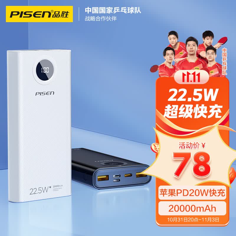 品胜 22.5W超级快充20000mAh双向快充电宝便携大容量PD20W移动电源三入三出Type-C适用苹果15/14小米华为手机属于什么档次？