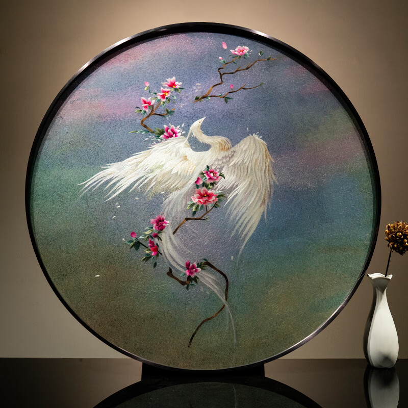 成品玄关高端苏州刺绣湘绣挂画圆形挂画包安装 白凤 80cmx80cm 错针绣