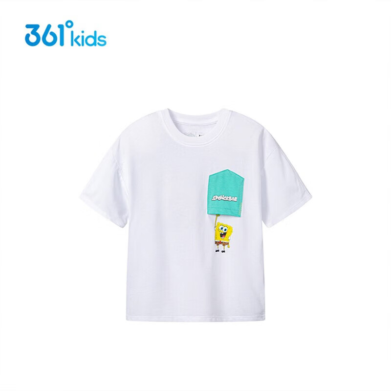 361°儿童短袖t恤夏装2023新款男童卡通圆领上衣宝宝棉女童潮服 本白 100