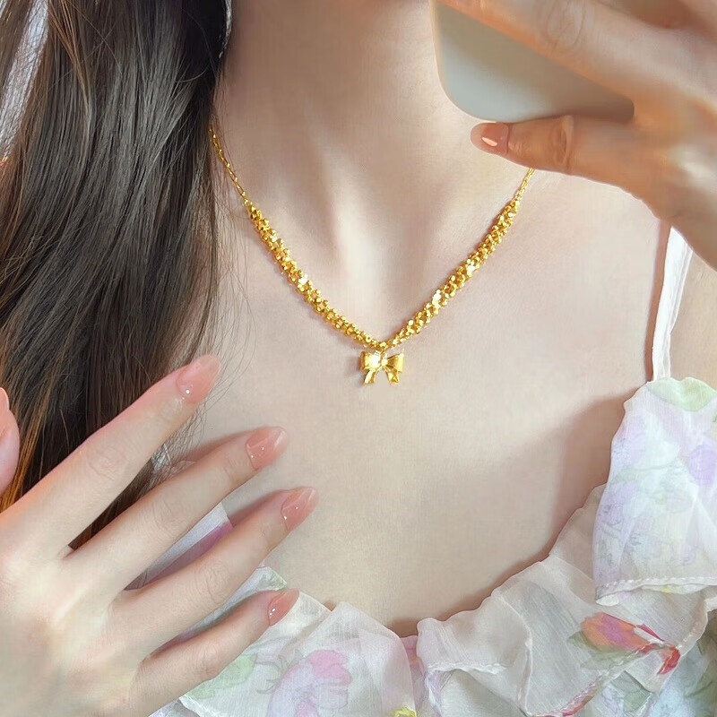 蓓影黄金蝴蝶结项链女999足金在逃公主迪珠锁骨套链情人节礼物送女友