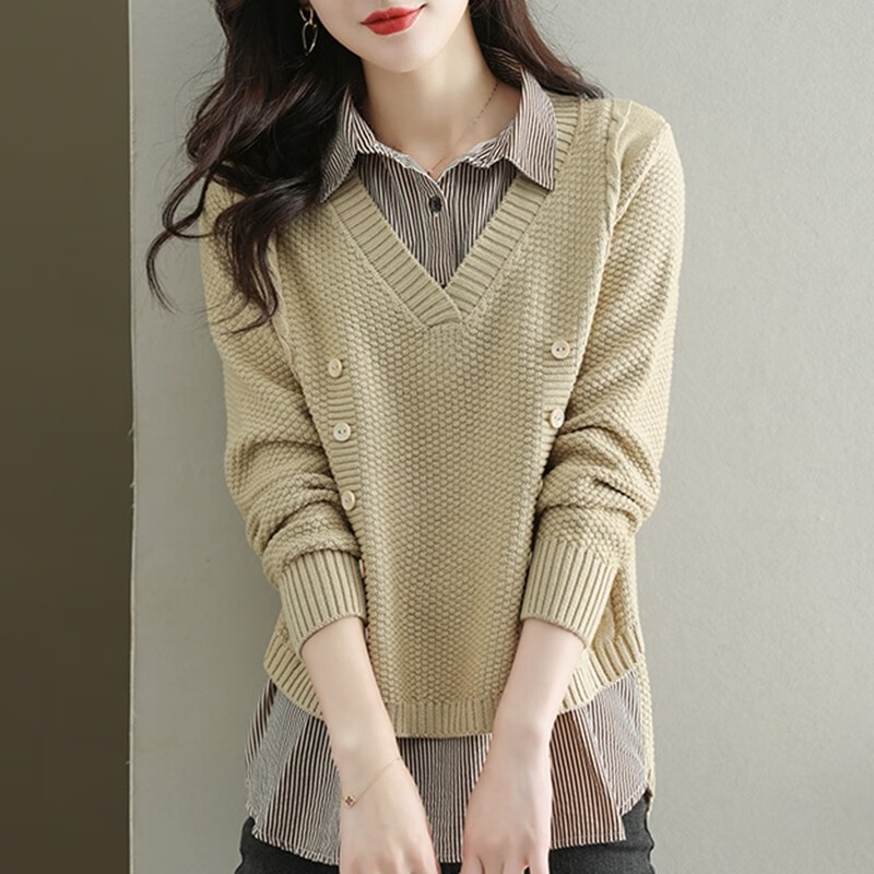 针织衫女上衣女衬衫领毛衣春装春秋款新款衬衫时尚打底衫 图片色 米色