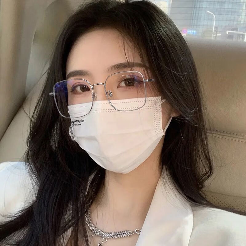 芝雅雨 金属银色大方框眼镜女韩版潮抗蓝光辐射素颜显脸小 银框 0度防