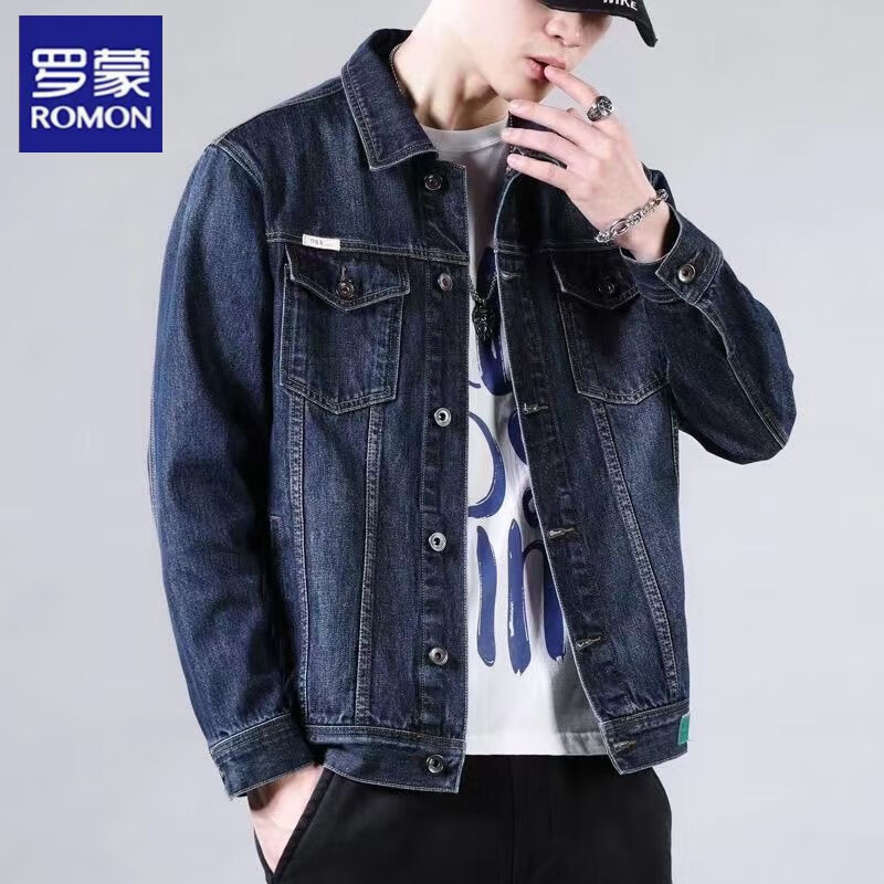 罗蒙(ROMON)男士牛仔外套春秋新款青年装宽松翻领潮工装纽扣夹克上衣 深蓝色-DY757 M建议【98-120斤】