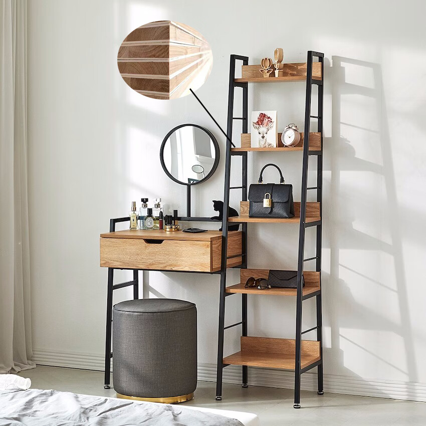 帝兰慕工业风小户型书架梳妆台组合带镜子妆台风复古铁艺实木化妆桌
