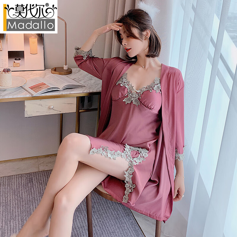 莫代尔女士睡衣女冰丝薄款两件套睡袍性感吊带睡裙蕾丝边仿真丝家居服可做浴袍短袖ins【1套】豆沙 XL