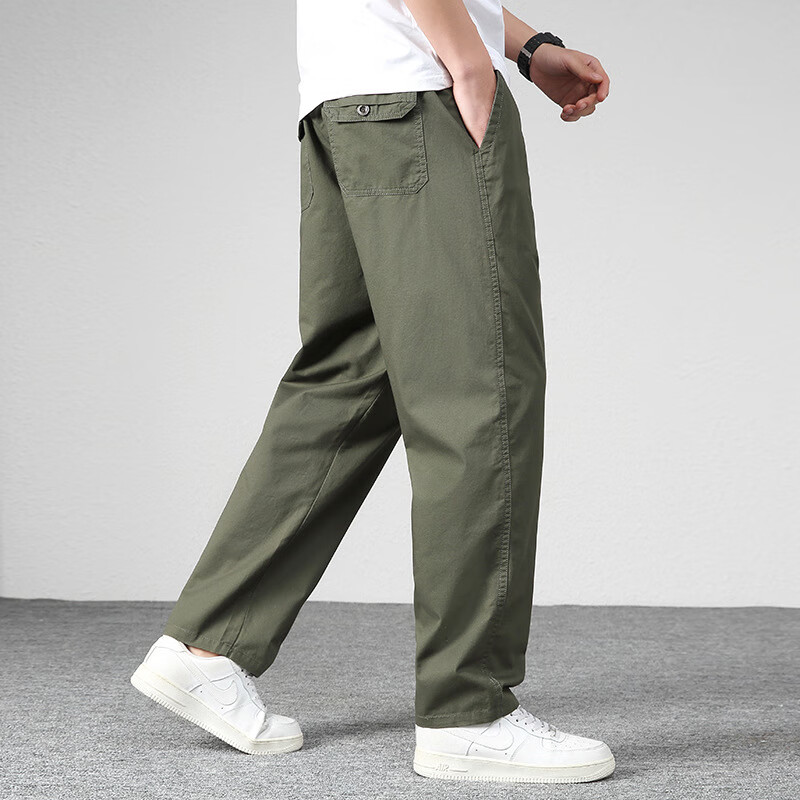 裤男裤春季宽松直筒中年爸爸裤子纯棉松紧裤潮流工装长裤 军绿色 l