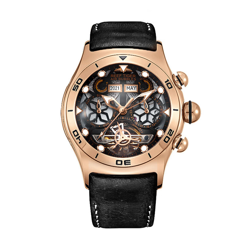 瑞夫泰格(reef  tiger) 猫头鹰手表男机械表个性镂空男士手表真皮夜光