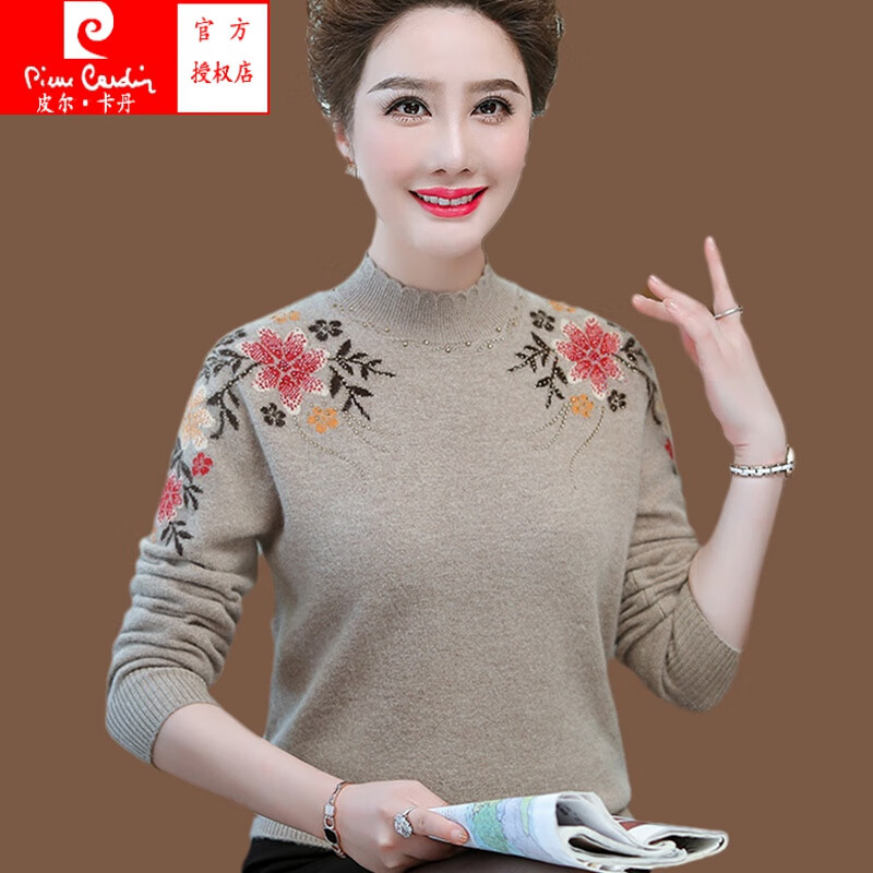 皮尔卡丹品牌鄂尔多市斯产中老年女羊绒衫加厚半高领毛衣内搭妈妈冬装