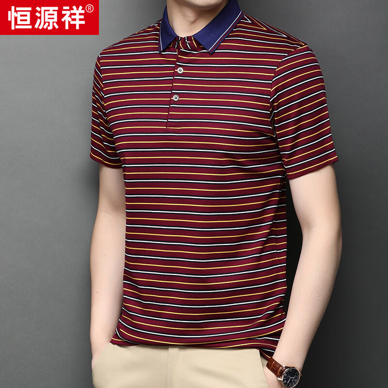 恒源祥短袖T恤男士條紋翻領(lǐng)夏季薄款含桑蠶絲冰絲Polo體恤衫 深紅 