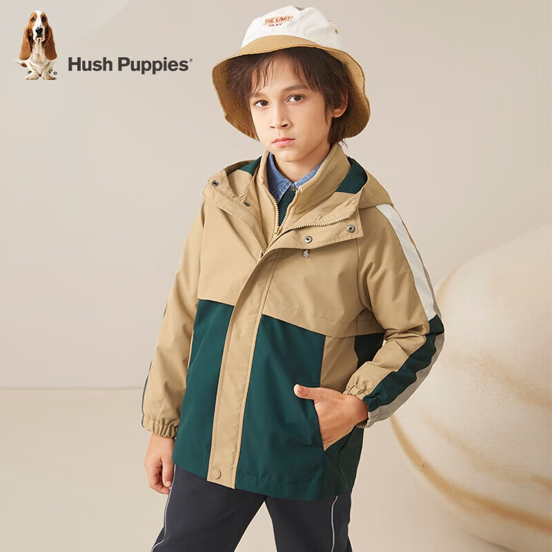 暇步士（Hush Puppies）【三防】童装儿童男大童秋季新款可拆卸时尚撞色儿童休闲户外风衣 暖卡其 160