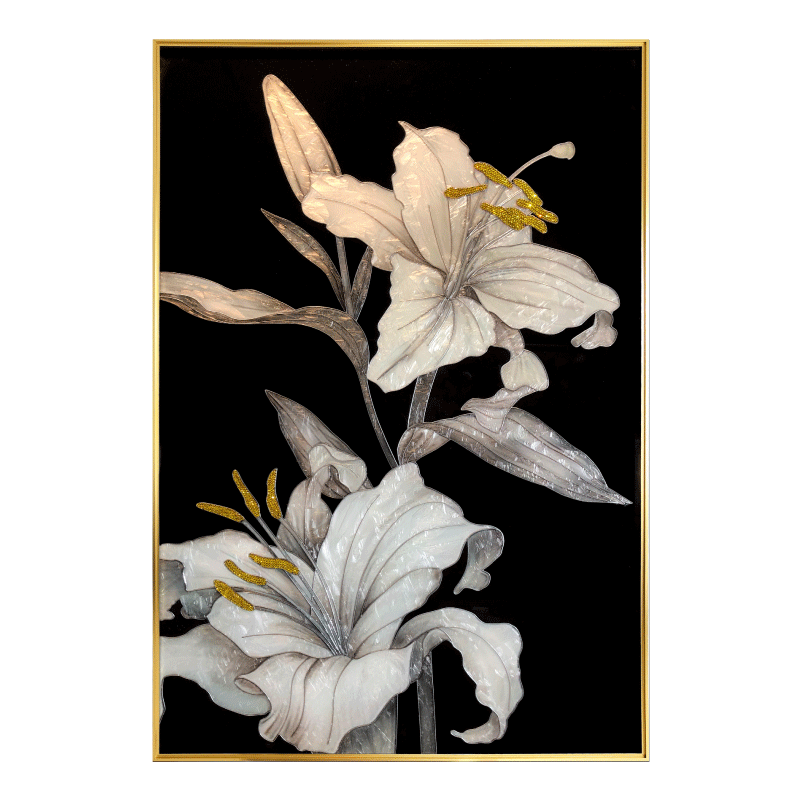 画龙珐琅彩玄关画正对门现代轻奢高档入户走廊玄关装饰画壁画餐厅挂画 《香水百合》  高贵金框 88x160cm