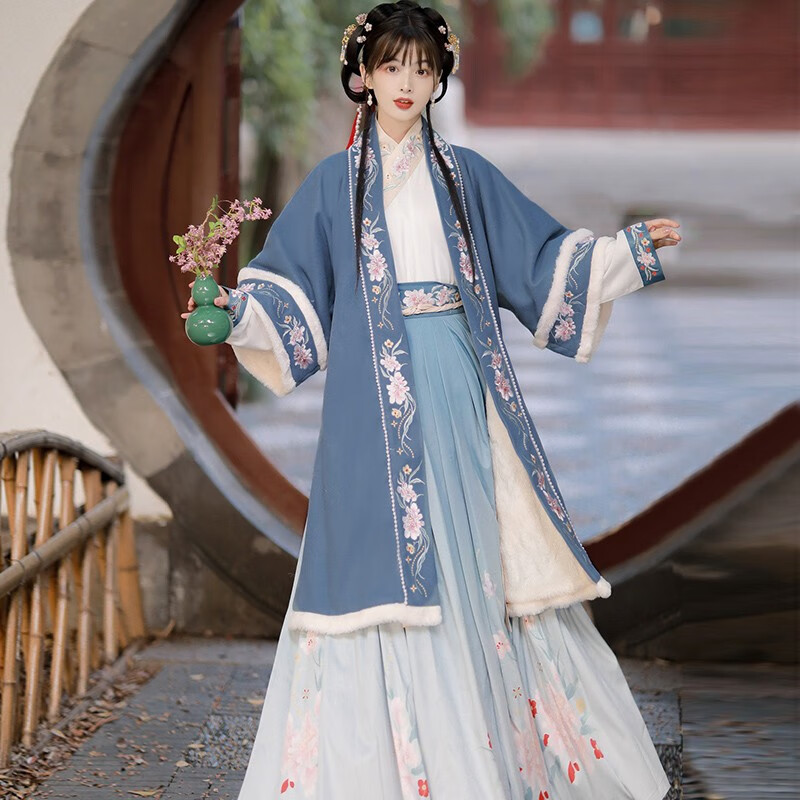 明制汉服女中国风毛呢加绒加厚对襟长袄古风古装秋冬季 蓝色长衫 蓝边