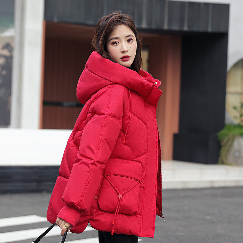 服红色过年穿的冬季女韩版连帽休闲加厚显瘦外套 红色 2xl 140-160斤