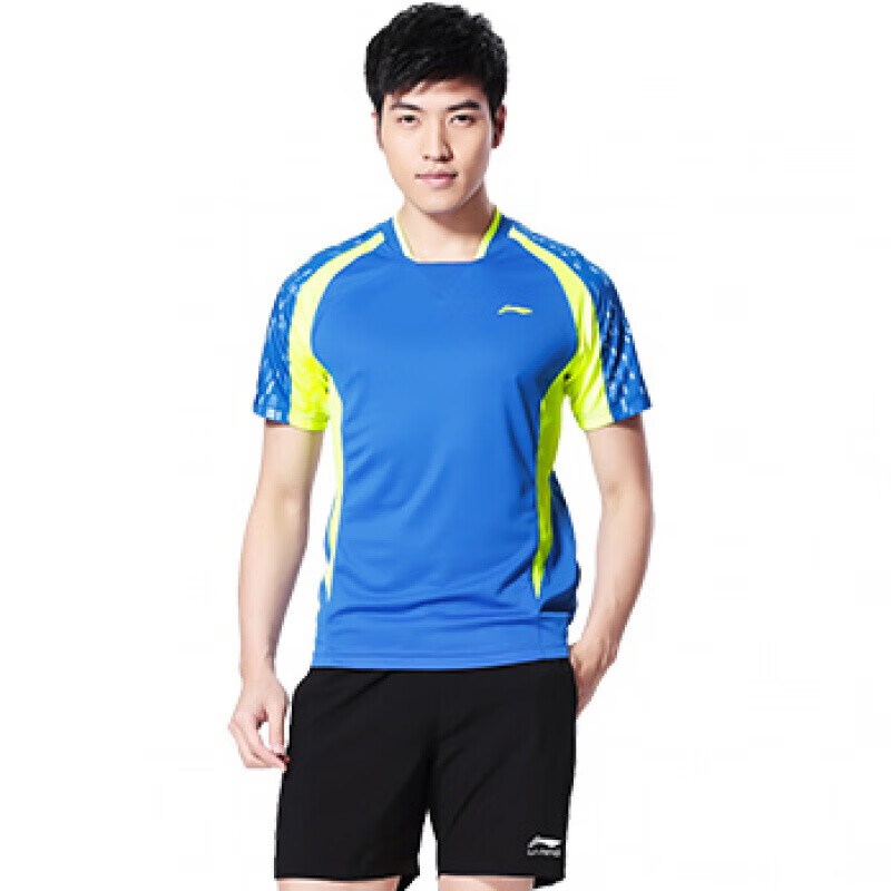 李宁羽毛球服男运动服男乒乓球服圆领速干短袖 aayk083   蓝色 m