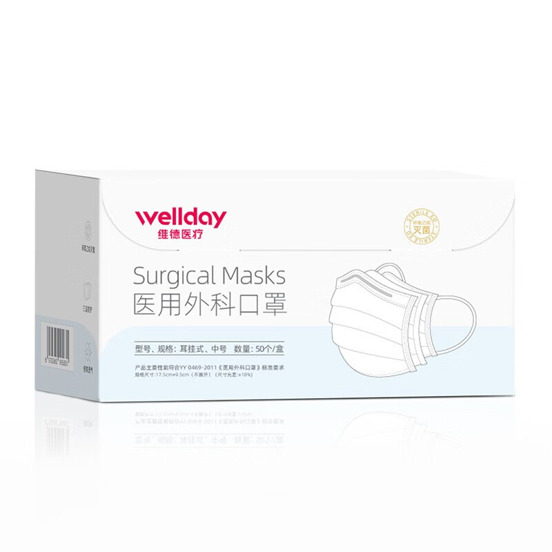 维德（WELLDAY）一次性医用外科口罩独立包装三层防护灭菌级防病毒细菌粉尘雾霾 医用外科口罩50只【50只/盒】白色