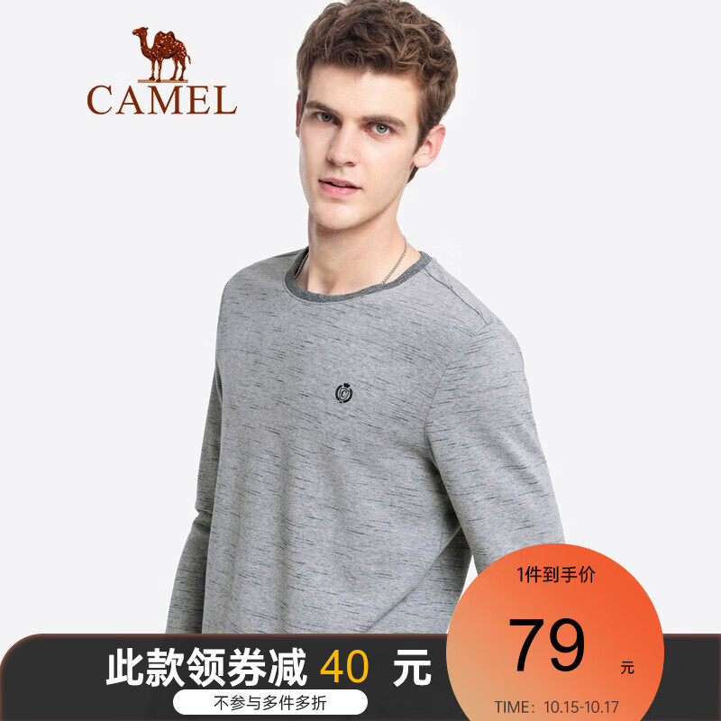 骆驼（CAMEL）男装 2021秋季新款纯色长袖t恤男士休闲纯棉刺绣体恤打底衫 B款 花灰 XL