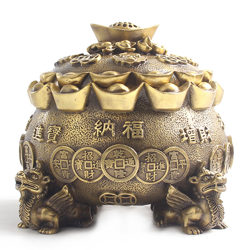 玄友铜制沈万三聚宝盆摆件铜质貔貅加厚铜盆金属带盖黄铜家用
