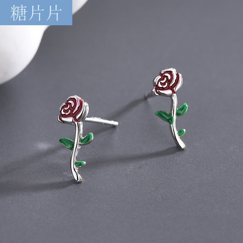 韩版s925银复古玫瑰耳钉森系玫瑰花耳饰仙女风甜美少女银针耳坠 银色