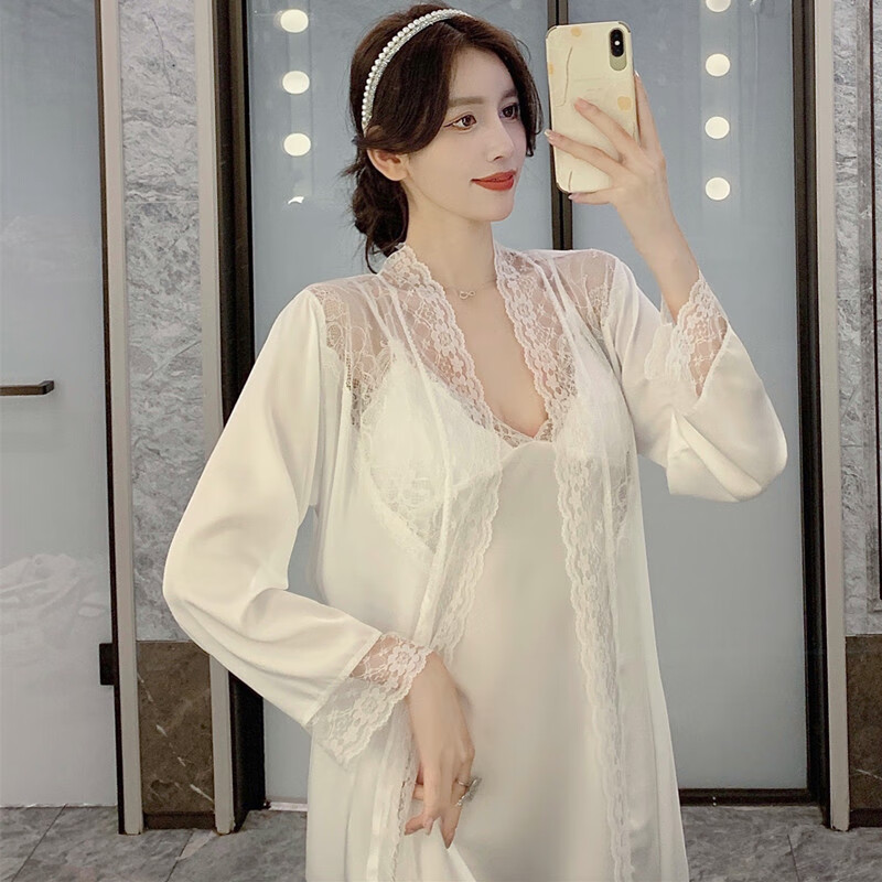 纯欲风唯美女神吊带睡裙冰丝带胸垫性感睡衣女夏睡袍两件套家居服