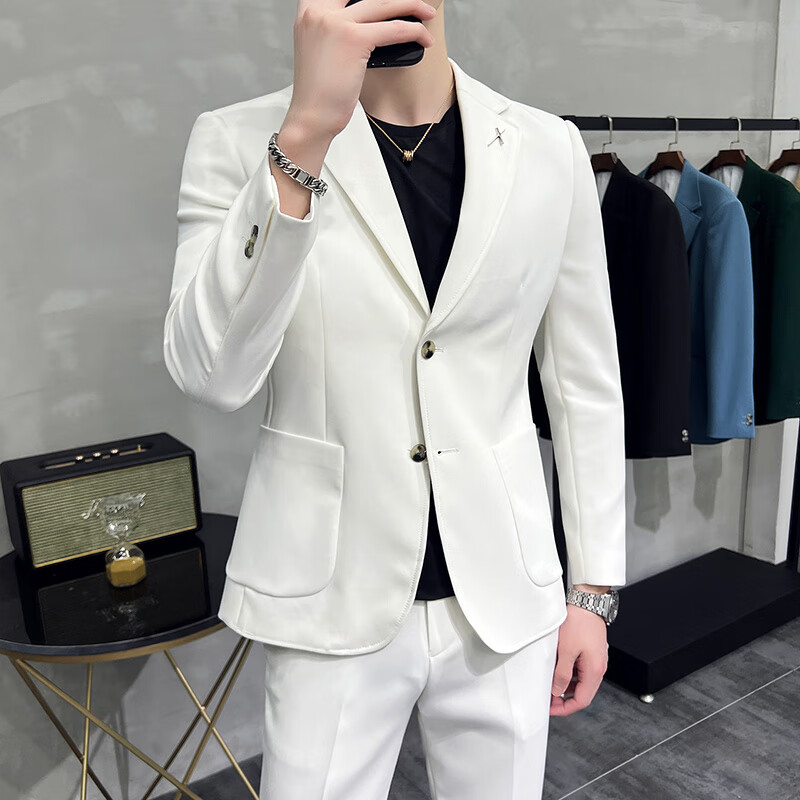 梦娇新郎结婚西服套装男士春秋新款抗皱免烫商务休闲主持人演出白西装
