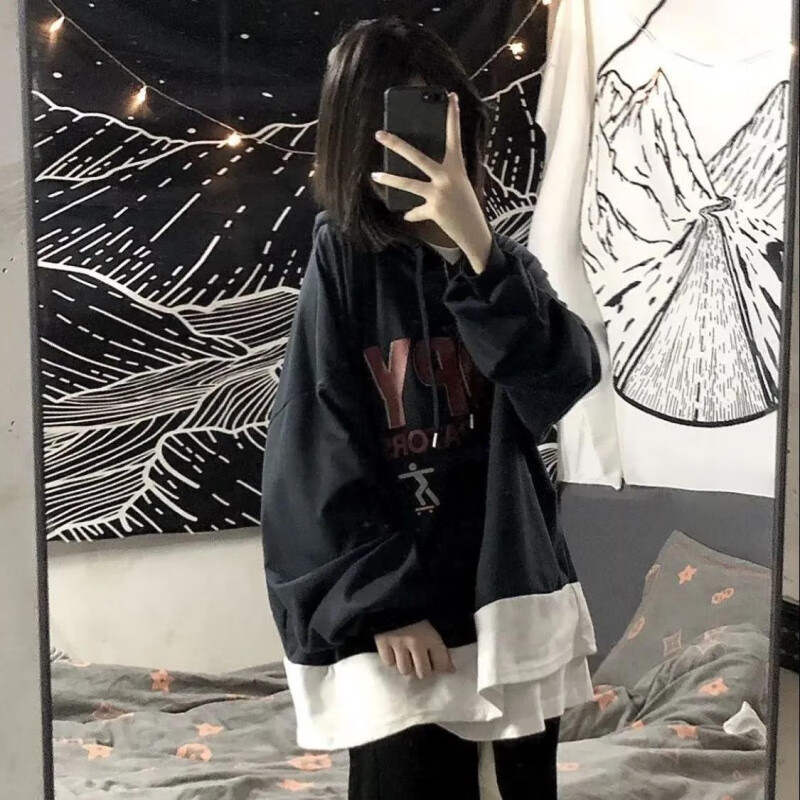 棋春秋新款bf风连帽假两件卫衣女学生韩版宽松字母印花薄上衣服 黑色