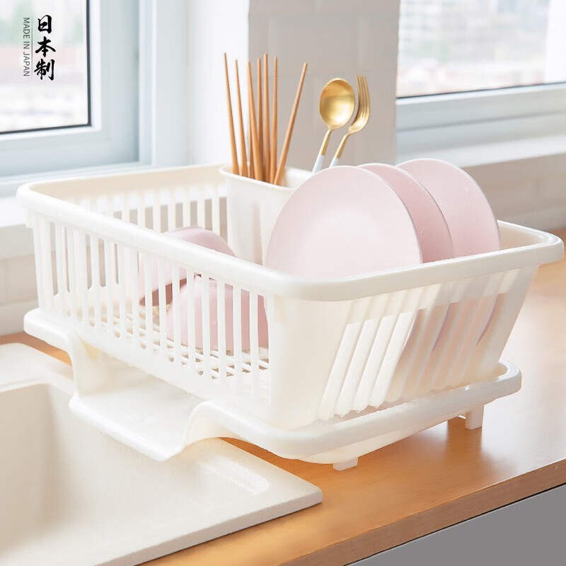 sungsa日本进口碗碟架沥水篮碗碟盘收纳架厨房置物架控水碗架水槽沥水架 正面导流（白色大号）