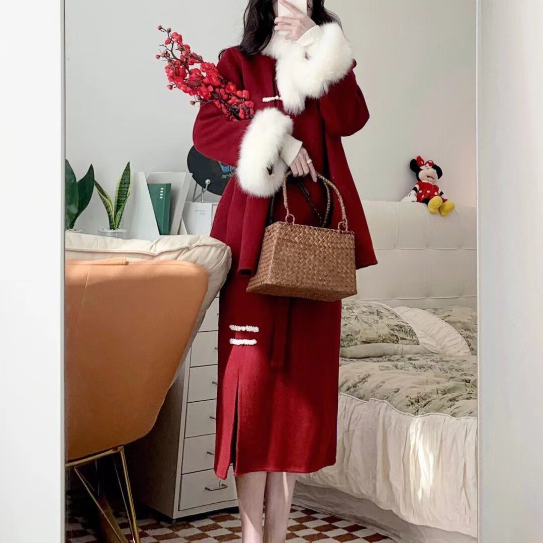 簘蕥小香风套装冬季加厚新中式女装秋冬国风毛呢外套两件结婚回门服新