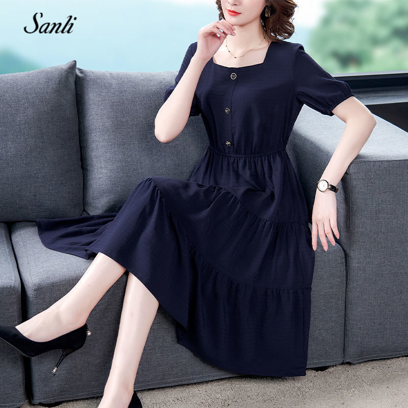 三礼高端品牌女装新款真丝连衣裙女桑蚕丝减龄长裙百搭阔太太遮肚显瘦