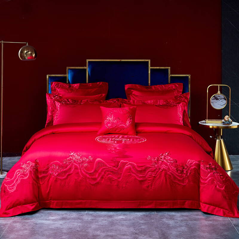 家纺 结婚床上用品四件套 60支长绒棉婚庆多件套大红新婚床品套件--锦绣南歌红 床单款四件套 2.0m(6.6英尺)床【被套220*240】