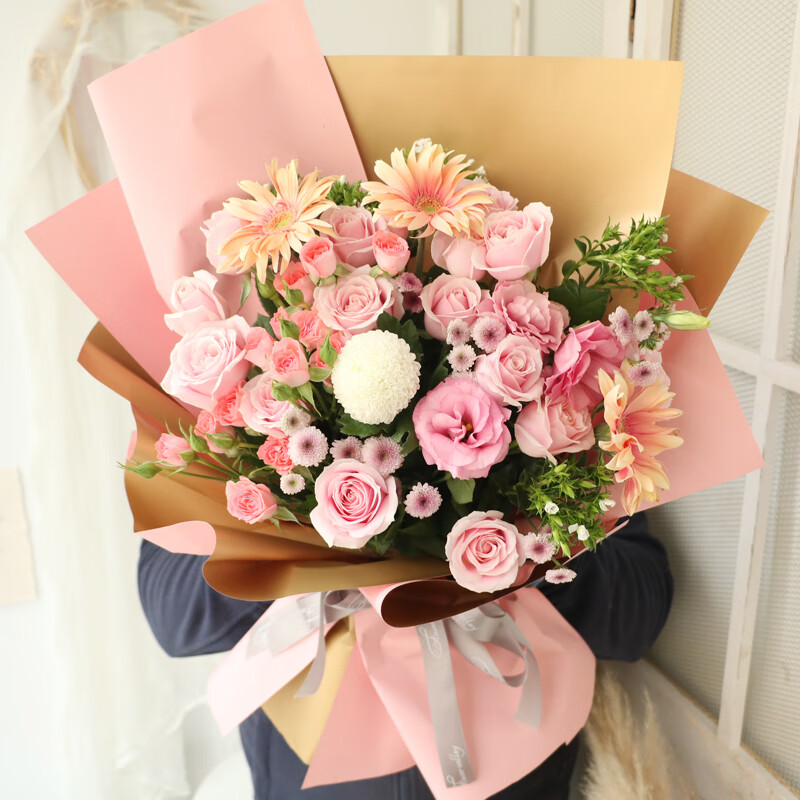 七夕恋结婚纪念日求婚粉色重瓣百合花束毕业季送鲜花店卷边弗朗混搭