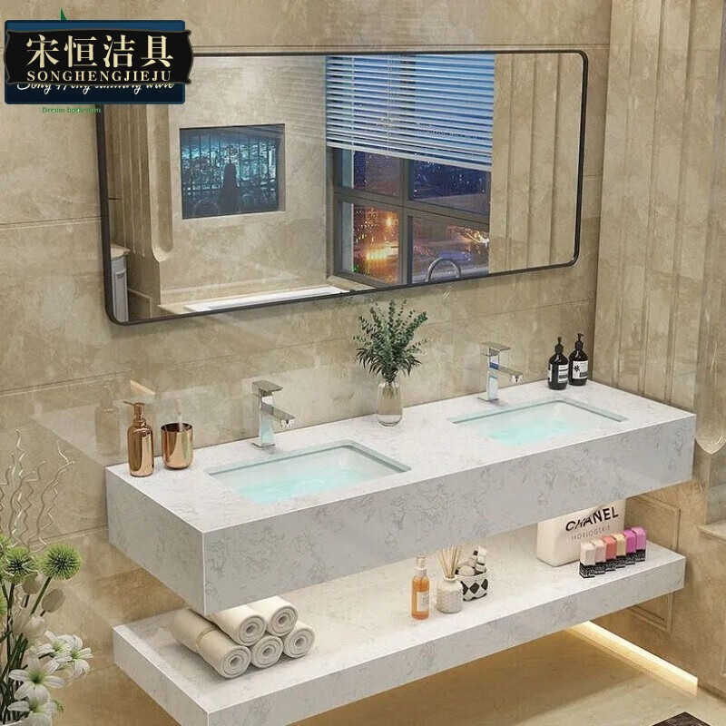 轻奢浴室柜组合双层双盆简约现代大理石卫浴智能洗手池洗漱台两盆一