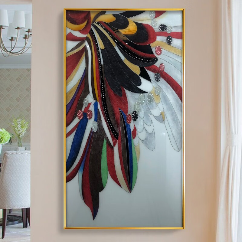 手工珐琅彩挂画客厅沙发背景墙轻奢壁画立体玄关装饰画 《凤凰翎羽》