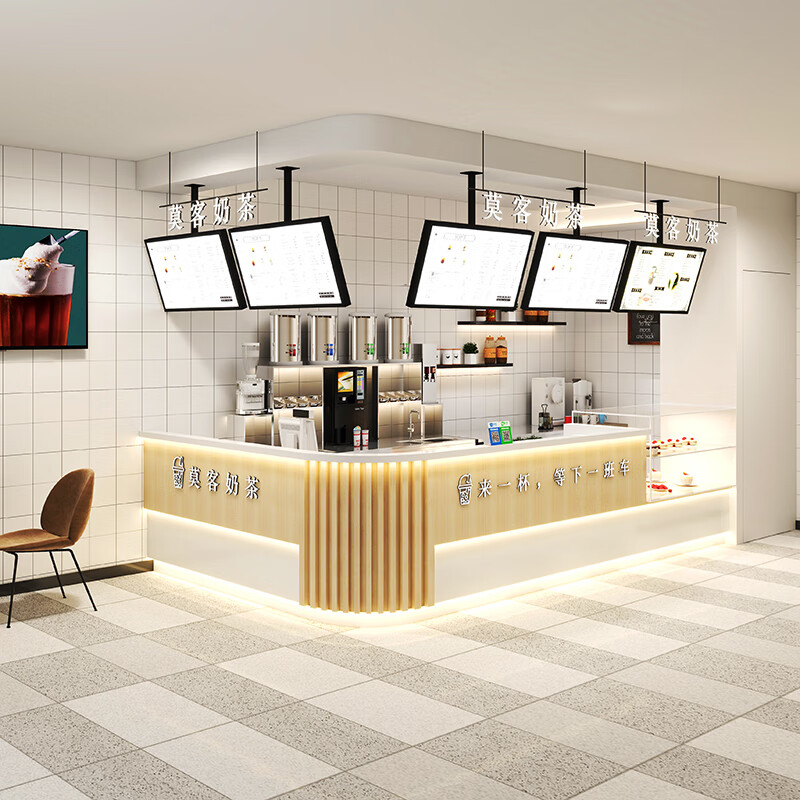 店吧台甜品咖啡网咖l型便利店前台接待台 原木 白色 总长度正面 拐角