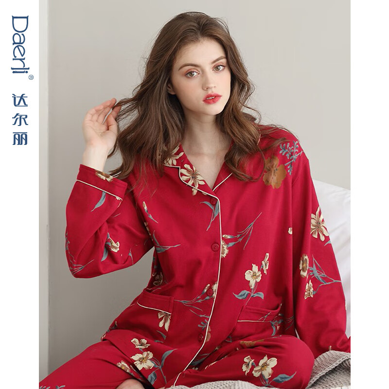 达尔丽睡衣女春秋季纯棉长袖薄款家居服套装本命年红国潮印花开衫可外穿 T895118-029-山茶花 2XL :建议体重130-150斤