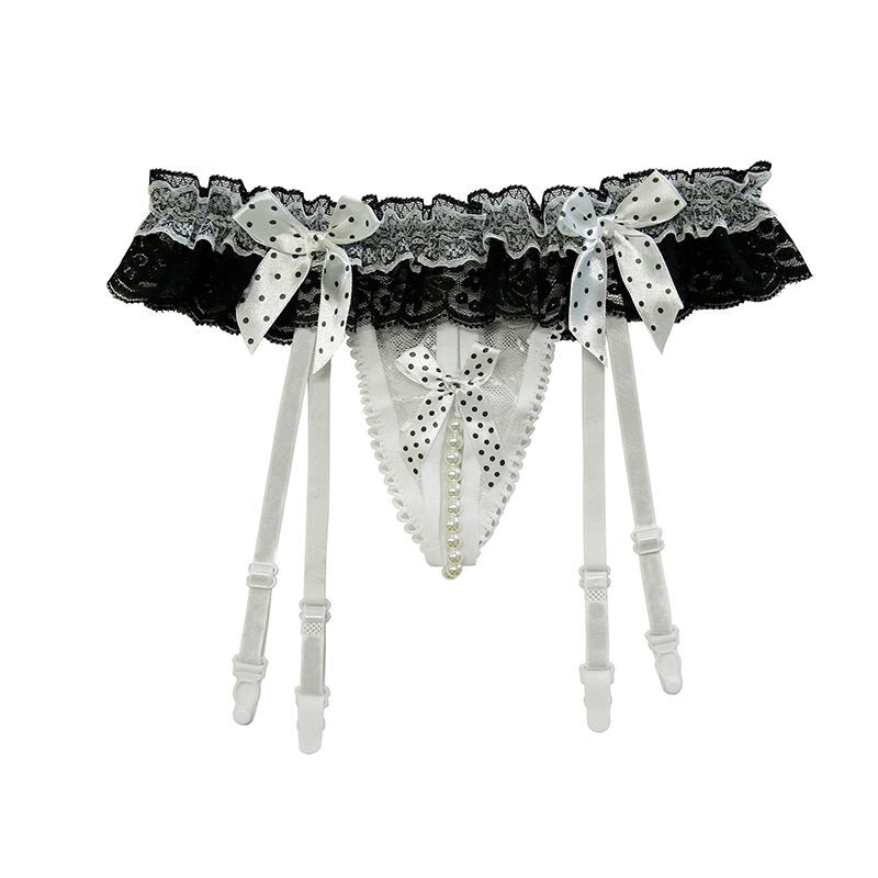 情趣蝴蝶结蕾丝花边女夏吊带高筒袜性感诱惑开档珍珠t性一体套装 白色