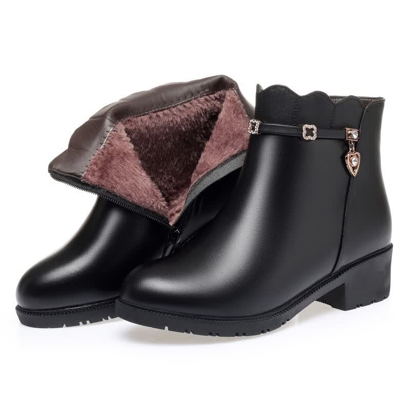 恬饰女靴棉靴冬季妈妈棉鞋女加绒真牛皮羊毛短靴防滑中老年软面皮棉靴