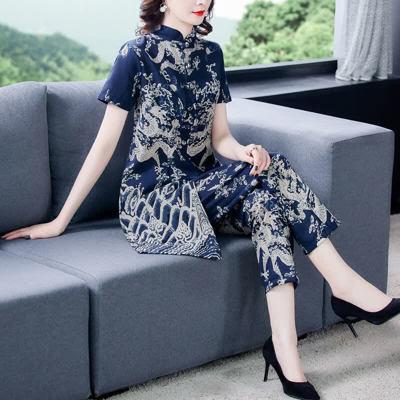 亚永凌夏季新款民族风棉麻时尚休闲套装洋气女唐装休闲裤妈妈旗袍两件套 藏青色 4XL【 建议150-165斤】怎么样,好用不?