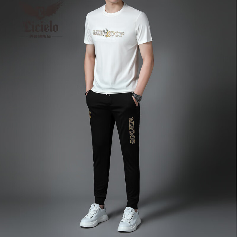 Licielo香港轻奢潮牌男装2022新款时尚男式短袖长裤休闲运动男装套装男式圆领两件套 白色 2XL