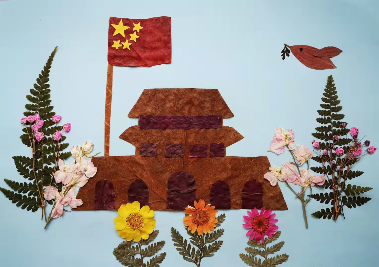 树叶粘贴画 国庆节树叶粘贴画爱国节日题材学生真树叶庆祝国庆创意画