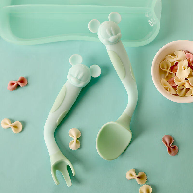 迪士尼（Disney）学习训练叉勺辅食勺婴儿餐具带收纳盒硅胶可弯曲扭扭勺组合 迪士尼-薄荷绿扭扭勺