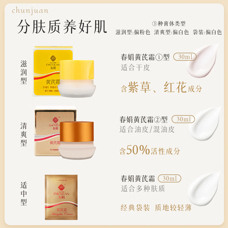 春娟黄芪霜30g*2瓶装保湿滋润改善暗沉提亮肤色老国货补水面霜 【活动专属】清爽型2瓶贈3袋